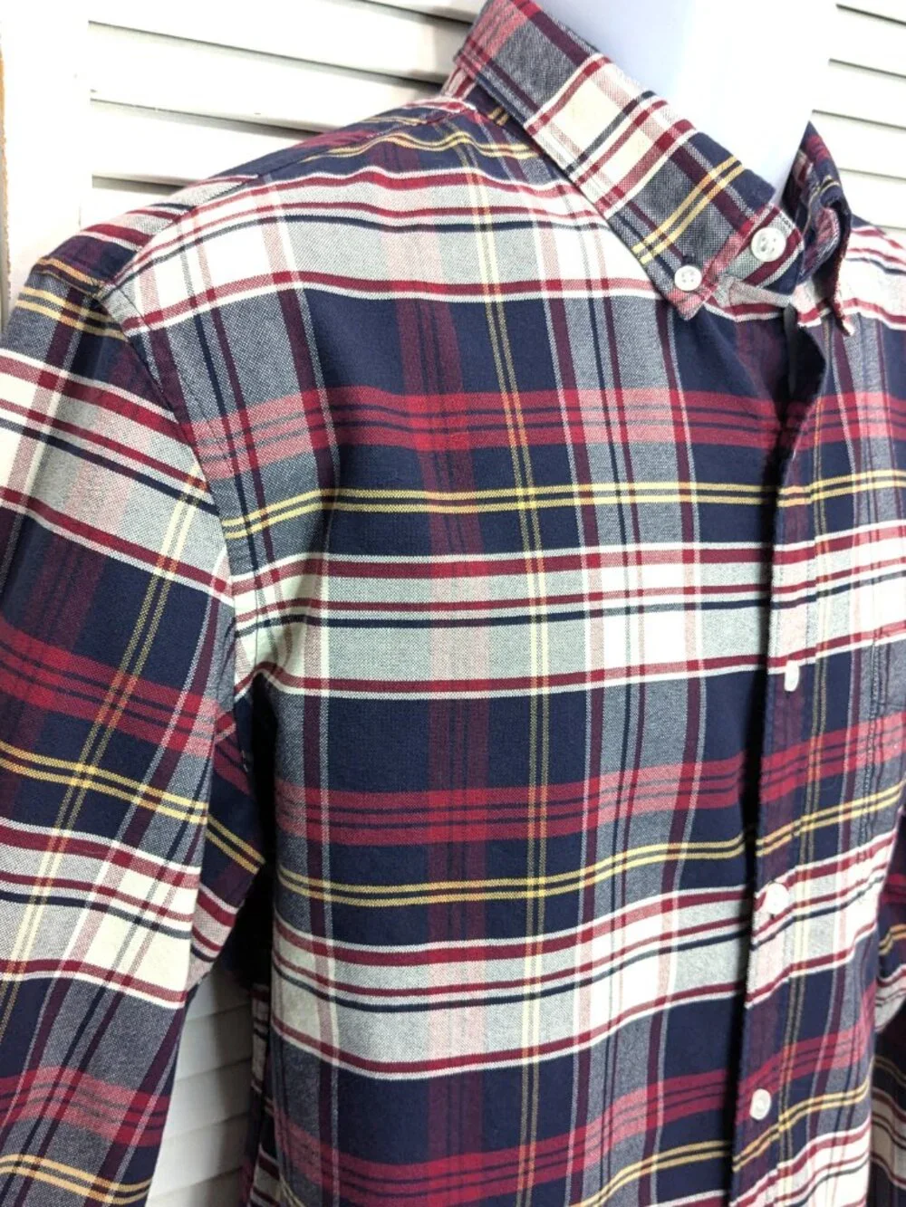 J Crew Mens Flex Oxford Shirt Large Red White Blue Plaid Button Down Slim $24